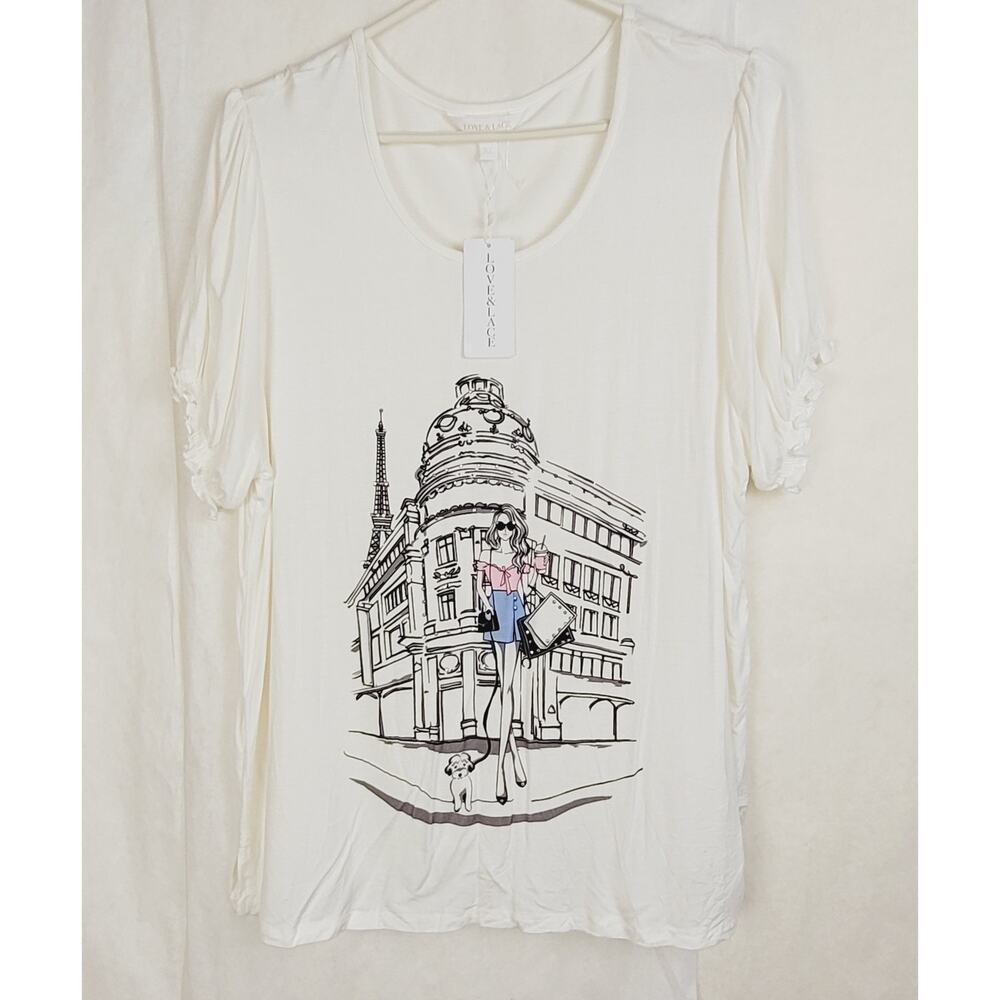 New Love & Lace Paris fashion embellished ruffle sleeve tshirt size XL Artsy